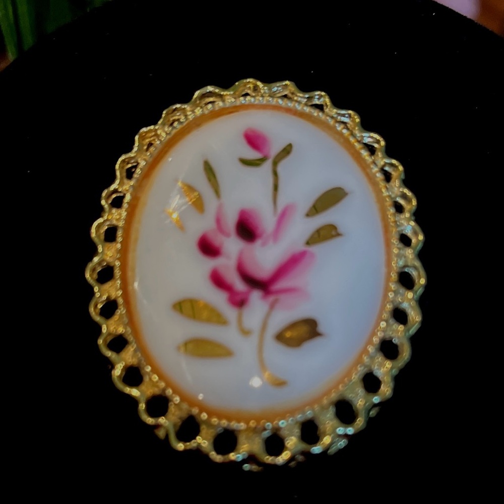 Vintage Gold Tone and Pink Floral Hand Painted Brooch